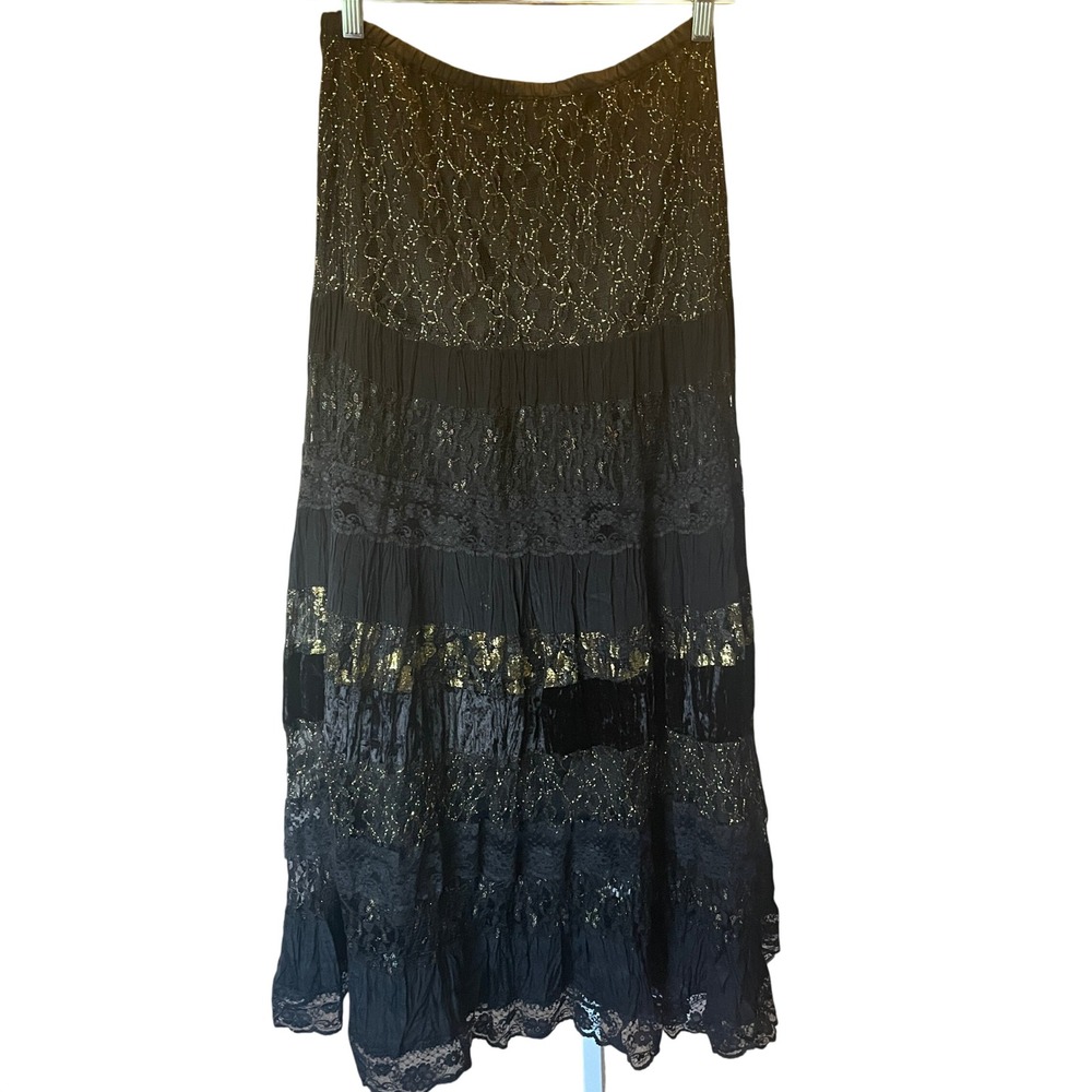 Paradise NY Womens VTG Y2K Whimsigoth Metallic Lace Tiered Maxi Skirt XS Witchy